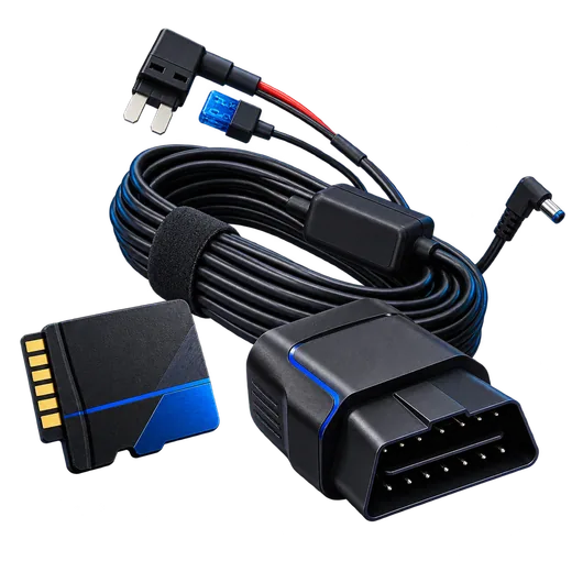 Tarjeta microSD, cable hardwire y adaptador OBD-II para dashcam