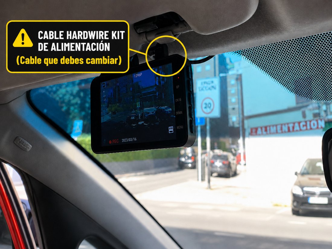 Conector del cable de alimentación en la dashcam: el cable que se sustituye por el del kit hardwire