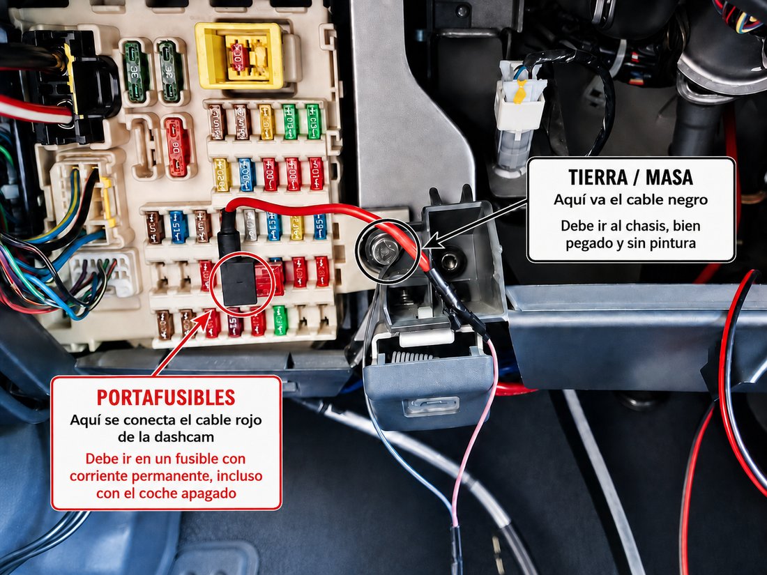 Kit hardwire conectado: cable rojo al fusible con portafusibles y cable negro a un tornillo de masa