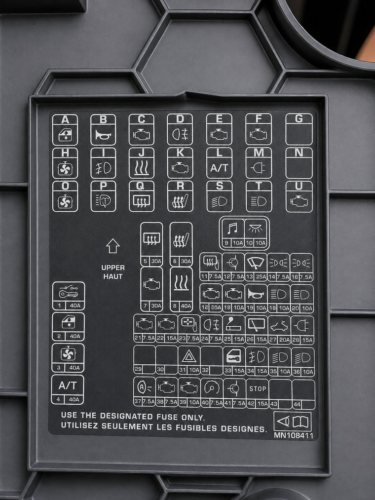 Mapa de fusibles del coche con los iconos y amperajes de cada posición