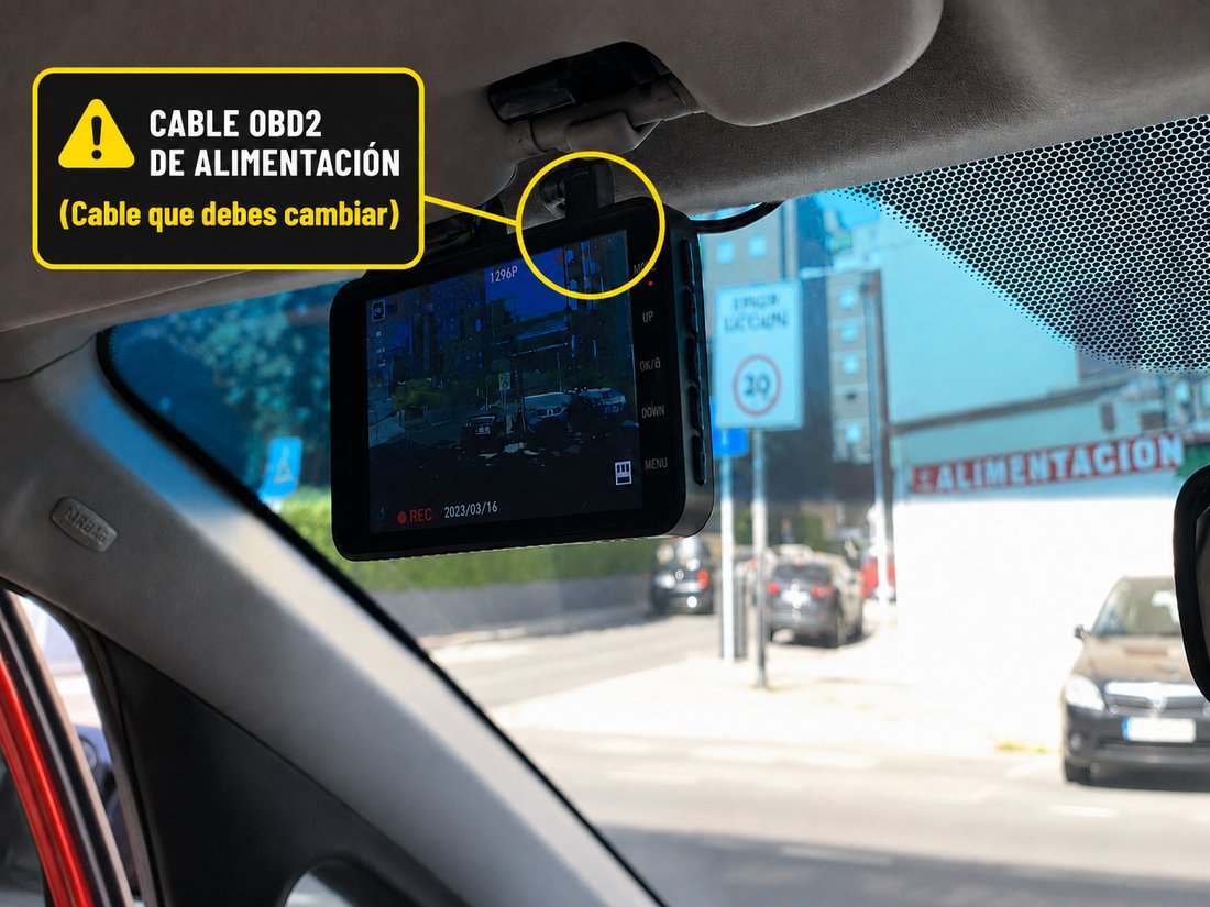 Conector del cable de alimentación en la dashcam: el cable que se cambia por el del OBD-II