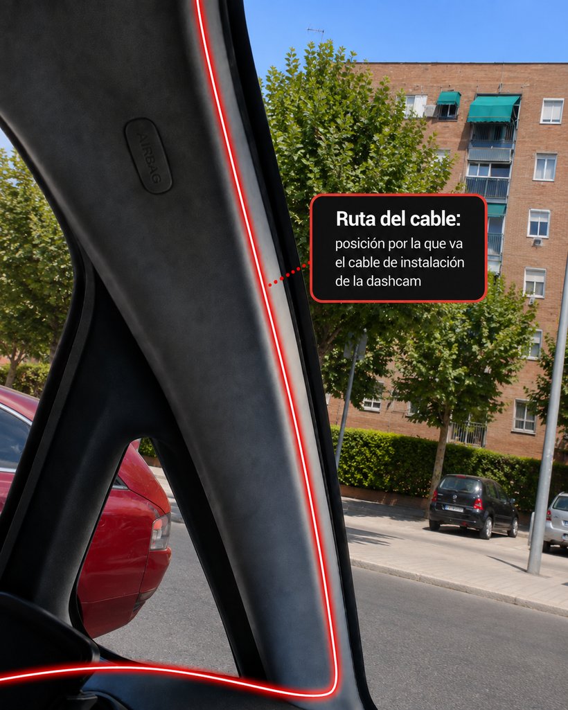 Ruta del cable de la dashcam bajando por el pilar hasta el salpicadero